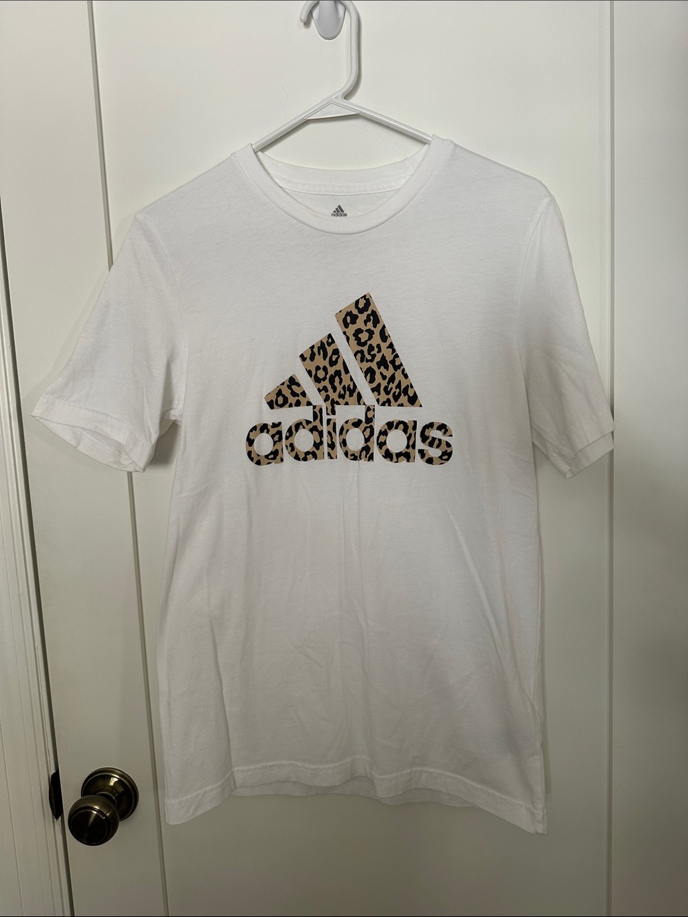 adidas White Short-Sleeve Tee with Leopard Logo